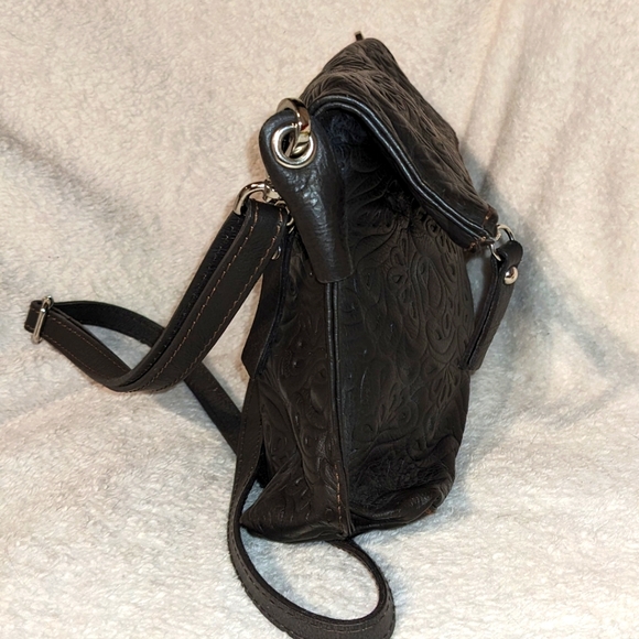 Chocolate Brown Tooled Italian Leather Fold-over Crossbody‎ Purse - Picture 4 of 12